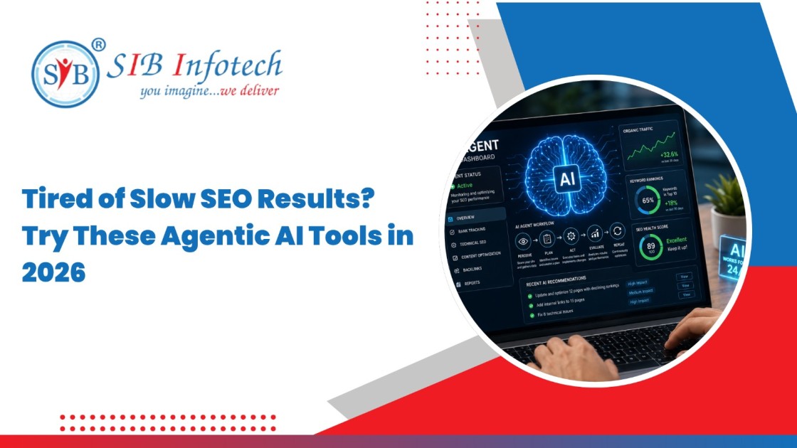 Laptop screen showing agentic AI tools with a digital AI brain interface in use for SEO.