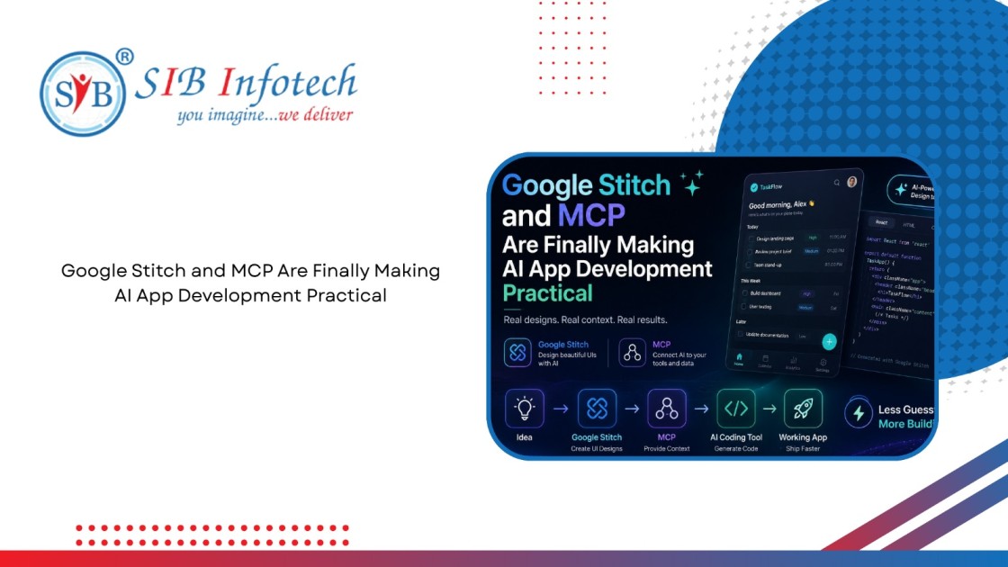  Google Stitch and MCP workflow illustration showing AI-powered UI design, contextual development tools, code generation, and the journey from idea to working application with real design context and faster app development.